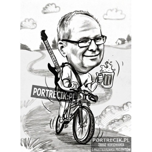 Karykatura rowerzysty z piwem i gitarą