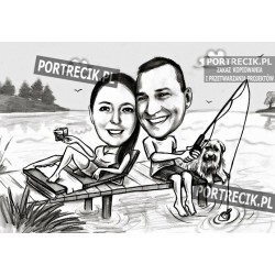 Karykatura pary na pomoście z psem i drinkiem