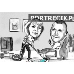 Karykatura pary - małżeństwa- kobieta sprząta i odkurza, mężczyzna w fotelu