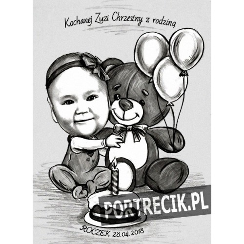 Karykatura dziecka z misiem na roczek