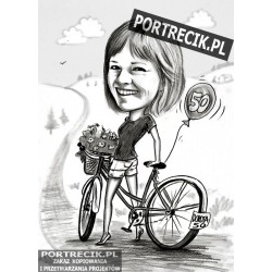 Karykatura rowerzystki z balonikiem