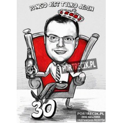 Karykatura urodzinowa na 30tkę na tronie z piwem