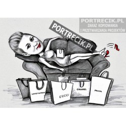 Karykatura kobiety odpoczywającej po zakupach