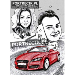 Karykatura w samochodzie audi