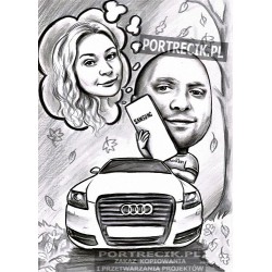 Karykatura pary - samochód audi i smartfon