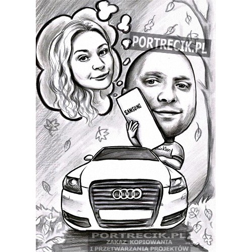 Karykatura pary - samochód audi i smartfon