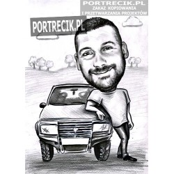 Karykatura mężczyzny opierającego się o auto terenowe