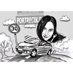 Karykatura kobiety pędzącej samochodem na 30tkę