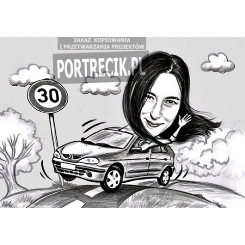 Karykatura kobiety pędzącej samochodem na 30tkę