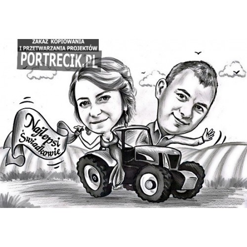Karykatura świadków - rolników na traktorze