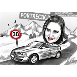 karykatura na 30tkę - kobieta w samochodzie audi