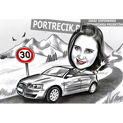 karykatura na 30tkę - kobieta w samochodzie audi