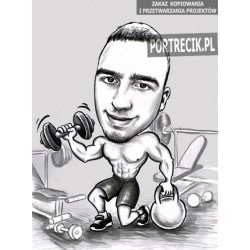 Karykatura na siłowni z hantlami