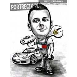 Karykatura mechanika samochodowego na osiemnastkę