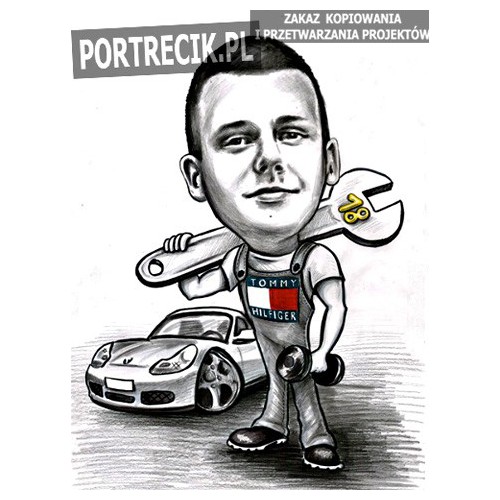 Karykatura mechanika samochodowego na osiemnastkę