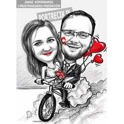 Karykatura ślubna walentynkowa na rowerze