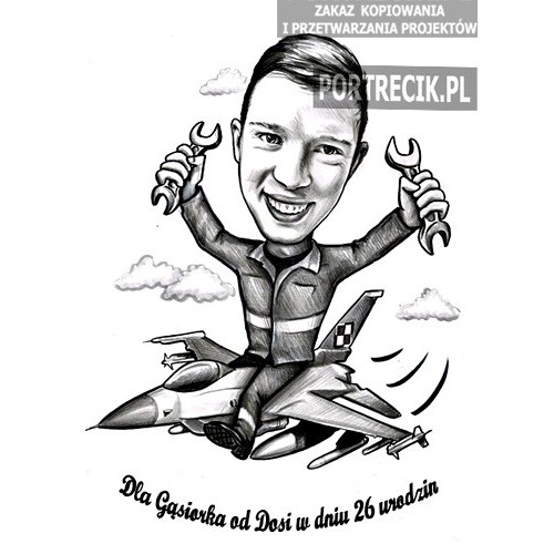 Karykatura mechanika na samolocie F-16