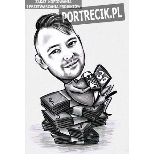 Karykatura informatyka na stosiku banknotów