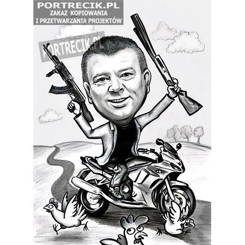 Karykatura motocyklisty strzelca