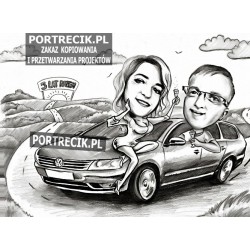 Karykatura pary z autem i szampanem