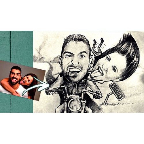 Karykatura pary na motocyklu