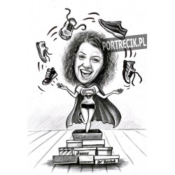 Karykatura kobiety żonglującej butami - sprzedawczyni butów