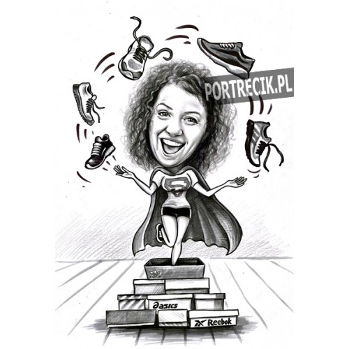 Karykatura kobiety żonglującej butami - sprzedawczyni butów