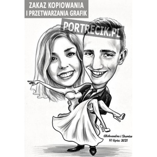 Karykatura ślubna pani na rękach pana