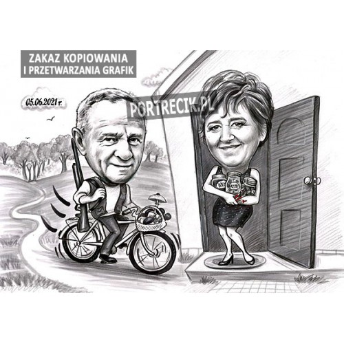 Karykatura myśliwego i kobiety z przetworami