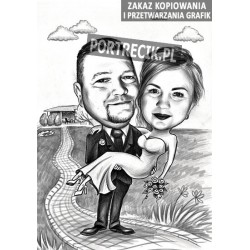 Karykatura ślubna pani na rękach pana z altanką