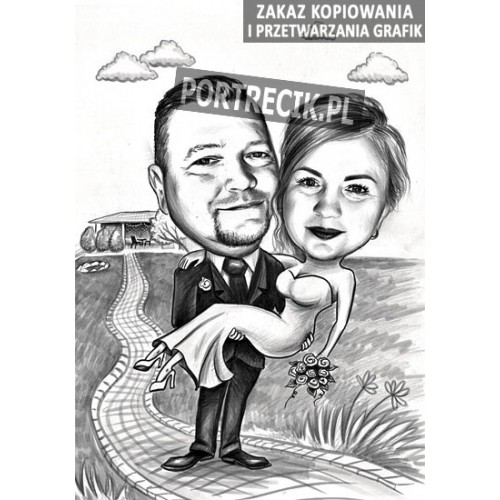 Karykatura ślubna pani na rękach pana z altanką