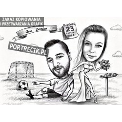 Karykatura ślubna pani ciągnie piłkarza do ślubu