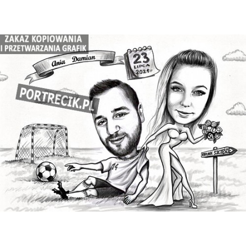 Karykatura ślubna pani ciągnie piłkarza do ślubu