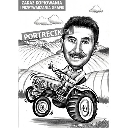 Karykatura rolnika na traktorze na 60-te urodziny
