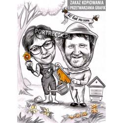 Karykatura pary - pszczelarza i ogrodniczki na rocznicę