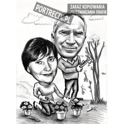 Karykatura pary ogrodników  w ogrodzie