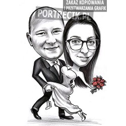 Karykatura ślubna z zarzuconą nóżką