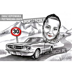 Karykatura na 30tkę - kobieta w samochodzie mustang
