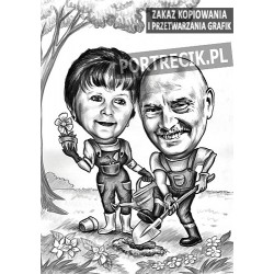 Karykatura pary ogrodników w ogrodzie z kwiatami