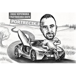 Karykatura mężczyzny opierającego się o luksusowe auto