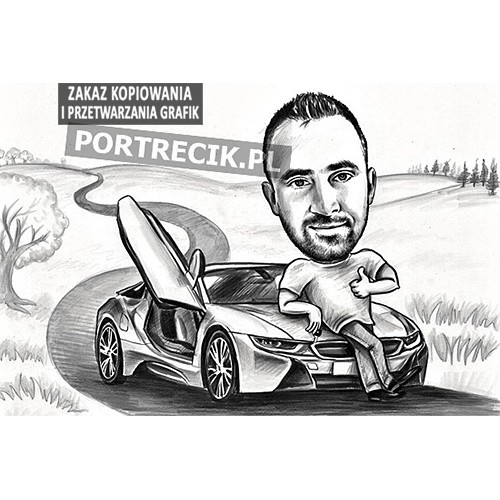 Karykatura mężczyzny opierającego się o luksusowe auto