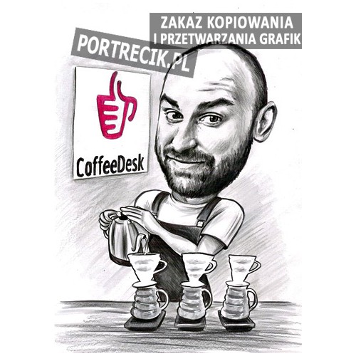 Karykatura baristy przygotowującego kawę