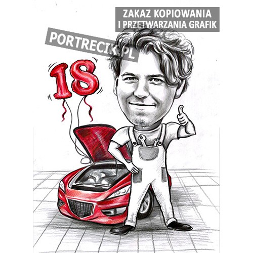 Karykatura mechanika samochodowego na osiemnastkę z kolorem