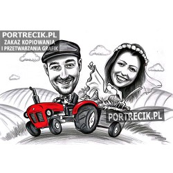 Karykatura ślubna - rolnicy na traktorze z przyczepą