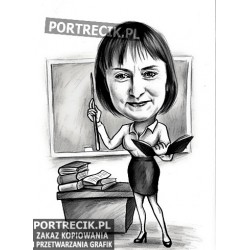Karykatura nauczycielki przy tablicy