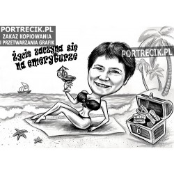 Karykatura na plaży na emeryturę stomatologa