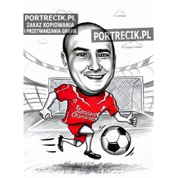 Karykatura piłkarza z piłką przy bramce