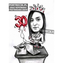Karykatura w biurze - królowa przy komputerze na trzydzieste urodziny