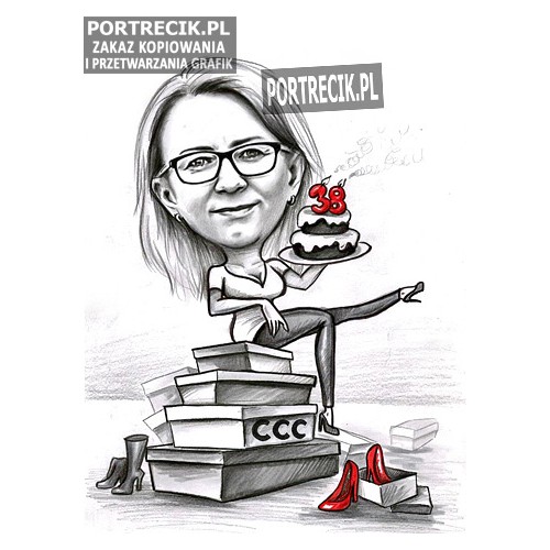 Karykatura kobiety siedzącej na kartonach z butami