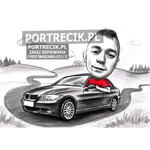 Karykatura mężczyzny w samochodzie BMW - zimny łokieć